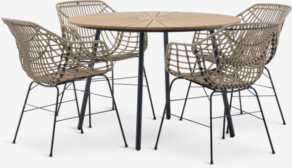 Table RANGSTRUP Ø110 noir + 4 chaises ILDERHUSE naturel