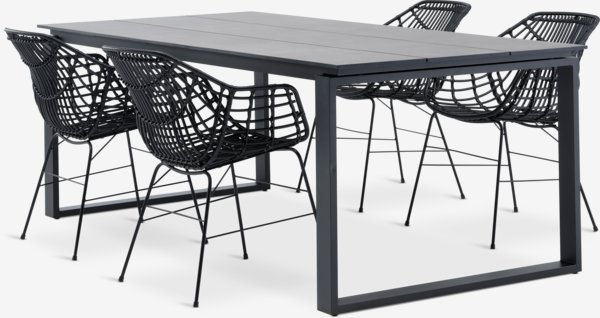 Table SONNERUP L215 gris + 4 chaises ILDERHUSE noir