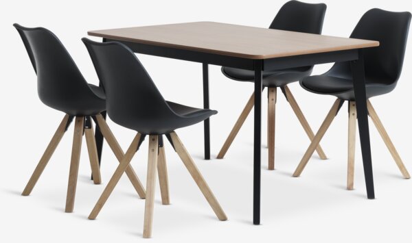 Mesa JEGIND L130 roble/negro + 4 sillas BLOKHUS negro