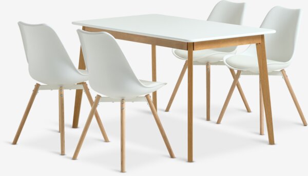 Table JEGIND L130 blanc + 4 chaises KASTRUP blanc