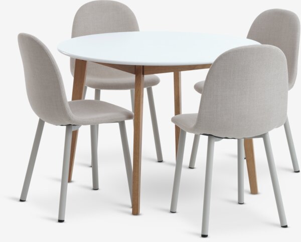 Table JEGIND Ø105 blanc + 4 chaises EJSTRUP beige