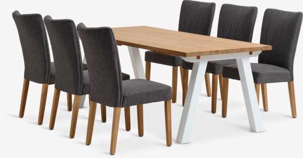 SKAGEN L200 tafel wit/eiken + 4 NORDRUP stoelen grijs