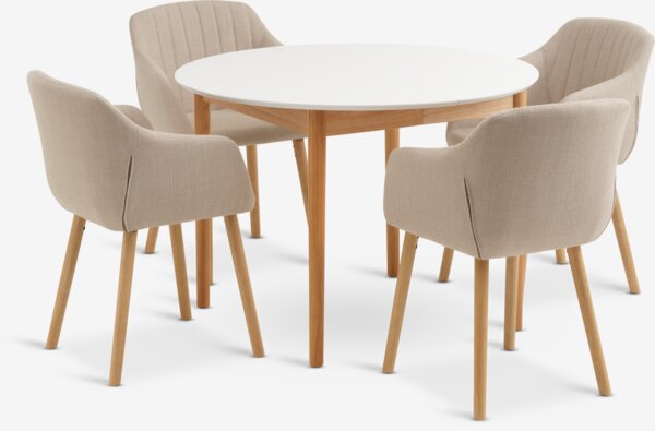 Table MARSTRAND Ø110 blanc + 4 chaises ADSLEV beige