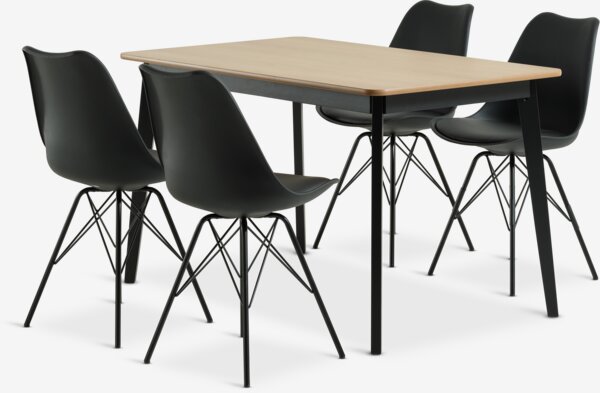 JEGIND L130 tafel eiken/zwart + 4 KLARUP stoelen zwart