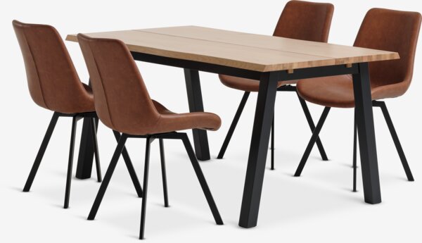 SKOVLUNDE L160 table natural oak+4 HYGUM chairs cognac