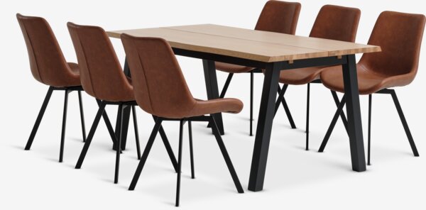 SKOVLUNDE L160 table natural oak+4 HYGUM chairs cognac