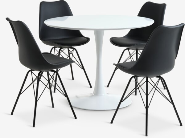 RINGSTED D100 table white + 4 KLARUP chairs black