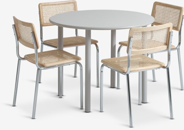 Table HANSTED Ø100 gris chaud + 4 chaises HASSING rotin