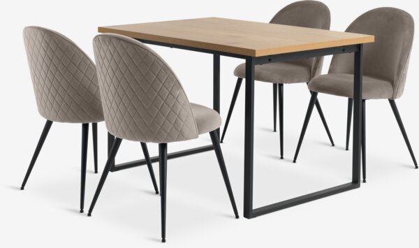 Table AABENRAA L120 chêne + 4 chaises KOKKEDAL velours gris