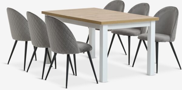 MARKSKEL L150/193 Tisch weiß/eiche + 4 KOKKEDAL Samt