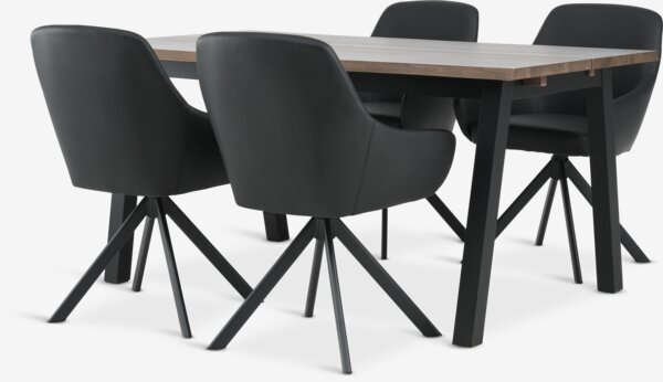 SKOVLUNDE L160 bord mörk ek + 4 ROSTRUP stol svart