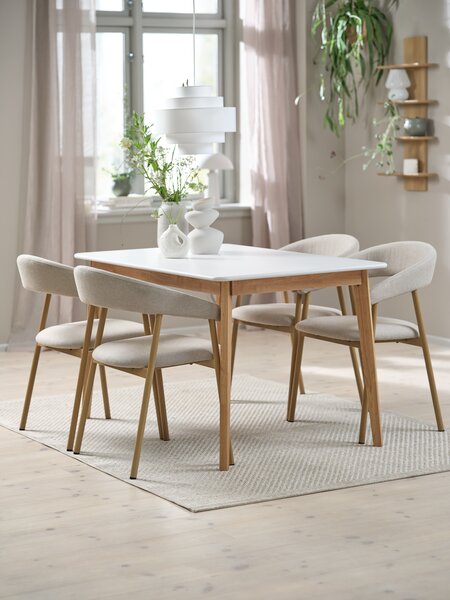 Mesa JEGIND L130 blanco + 4 sillas EJSING beis/roble