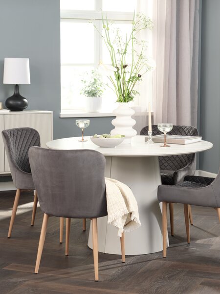 KLIPLEV D120 table travertine + 4 PEBRINGE grey velvet