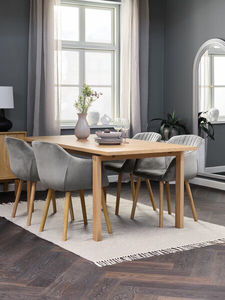 MEJLSKOV D180 stół nat.dąb + 4 ADSLEV krzesła szary aksamit