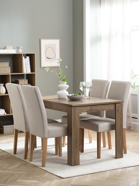 VEDDE L120 tafel wild eiken + 4 TUREBY stoelen beige