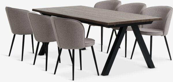 Mesa SANDBY L210 roble oscuro + 4 sillas RISSKOV gris claro