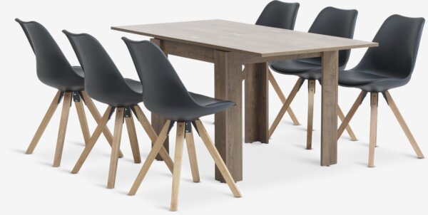 VEDDE Tavolo L80/160 cm rovere selv. + 4 BLOKHUS Sedie nero