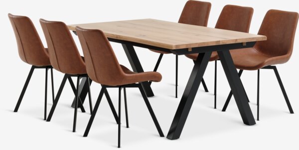 SANDBY L160 table chêne naturel + 4 HYGUM chaises cognac