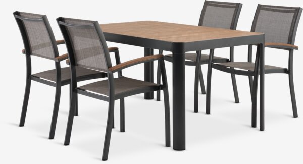 SIRDAL L150 bord hardtre + 4 SIRDAL stol grå