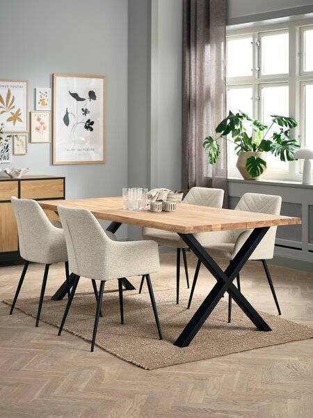 ROSKILDE/ROSLEV L200 bord natur ek + 4 PURHUS stol offwhite