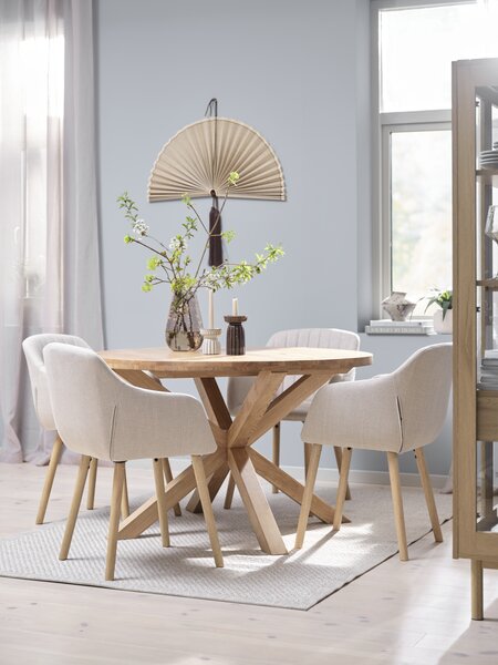 GRIBSKOV Ø120 bord natur eik + 4 ADSLEV stol beige