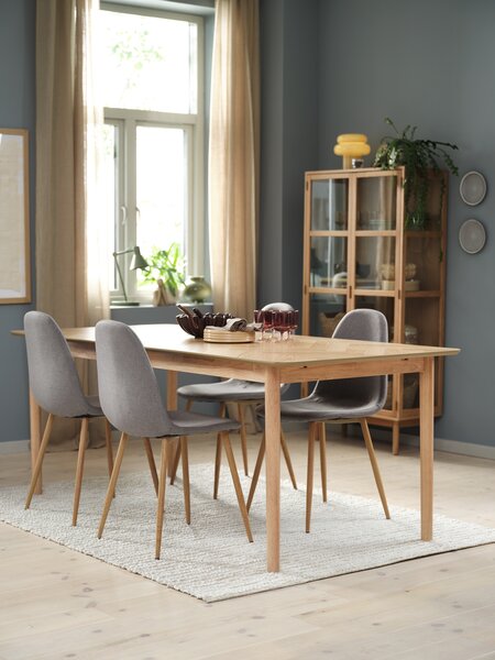 Table NORDENSKOV L200/280 chêne + 4 chaises JONSTRUP gris