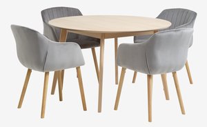 KALBY D120 table oak + 4 ADSLEV chairs grey velvet