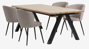 Table SANDBY L210 chêne naturel + 4 chaises RISSKOV gris