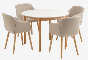 MARSTRAND Ø110 tafel wit + 4 ADSLEV stoelen beige