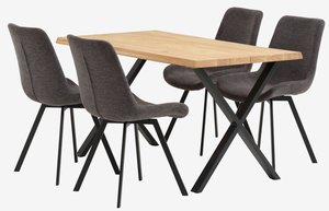 Table ROSLEV L140 chêne naturel + 4 chaises HYGUM gris