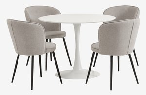 Table RINGSTED Ø100 blanc + 4 chaises RISSKOV gris c.