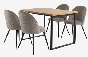 AABENRAA L120 tafel eiken + 4 KOKKEDAL stoelen fluweel grijs