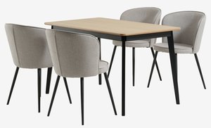 Mesa JEGIND L130 roble/negro + 4 sillas RISSKOV gris claro