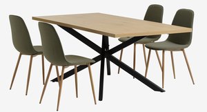 NORTOFT L200 Tisch eiche + 4 BISTRUP Stühle olivgrün