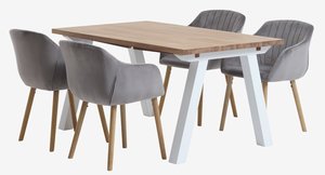 SKAGEN L150 tafel wit/eiken + 4 ADSLEV stoelen fluweel grijs