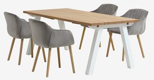 SKAGEN L200 Tisch weiß/Eiche + 4 ADSLEV Stühle grauer Samt