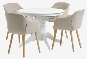 ASKEBY Ø100 m/verlengblad tafel wit + 4 ADSLEV stoelen beige