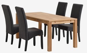 Table HAGE L190 chêne + 4 chaises BAKKELY gris/noir