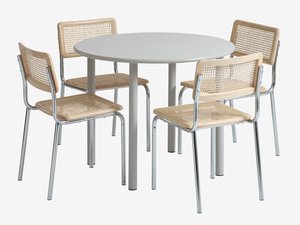 HANSTED Ø100 tafel warmgrijs + 4 HASSING stoelen rotan