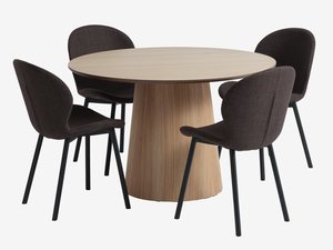 Mesa KLIPLEV Ø120 roble + 4 sillas GEVNINGE beis/negro