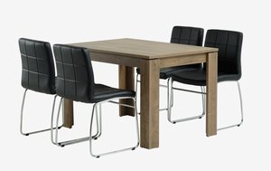 VEDDE L120 table chêne sauvage + 4 HAMMEL chaises noir