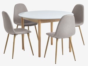 MARSTRAND Ø110 mesa branco + TINGLEV cadeiras cinz/carvalho