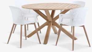HESTRA Ø126 tafel hardhout + 4 VANTORE stoelen wit