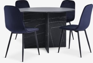 KRONDAL Ø110 tafel marmer + 4 BISTRUP fluweel donkerblauw