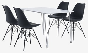 BANNERUP L120 table blanc + 4 KLARUP chaises noir